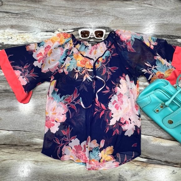 Express Women's Navy & Melon Floral Colorful Sheer Pullover Top S - Picture 2 of 6